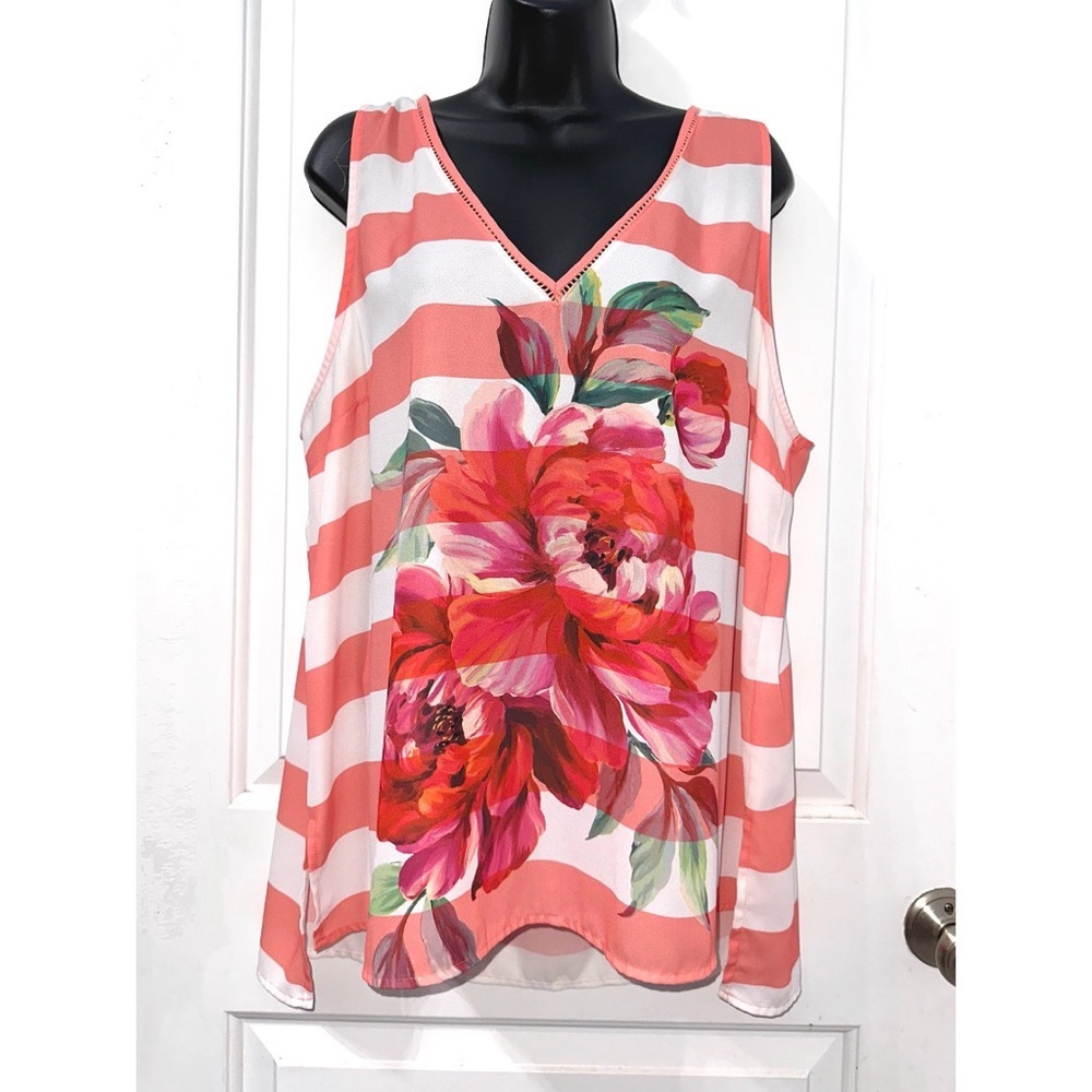 Elle coral striped floral tropical sleeveless blouse top, size XL